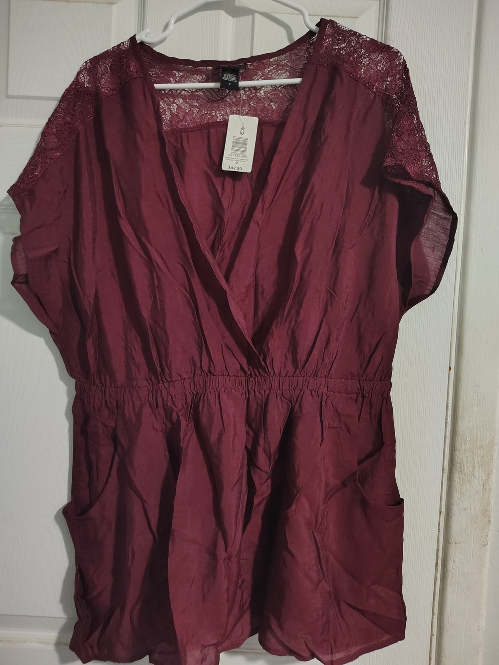 torrid Burgundy Lace-Shoulder V-Neck Blouse